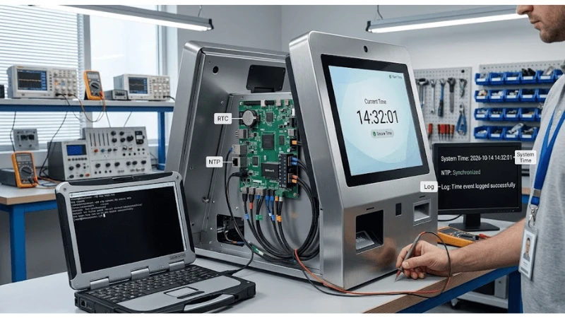 Technical self-service kiosk setup for RTC/NTP time synchronization and timestamp integrity
