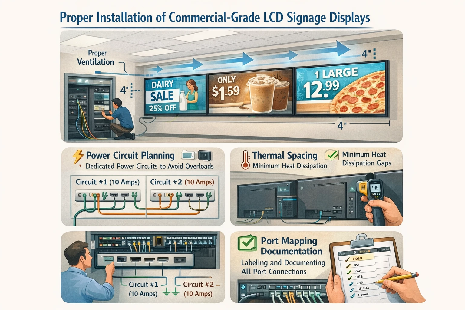 Proper installation of commercial-grade LCD signage displays showing correct power circuit planning, thermal spacing, and port mapping documentation Proper installation of commercial-grade LCD signage displays showing correct power circuit planning, thermal spacing, and port mapping documentation
