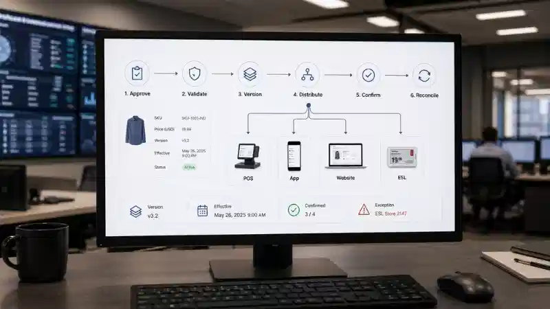 > Retail price synchronization workflow from approval and validation to endpoint confirmation and reconciliation