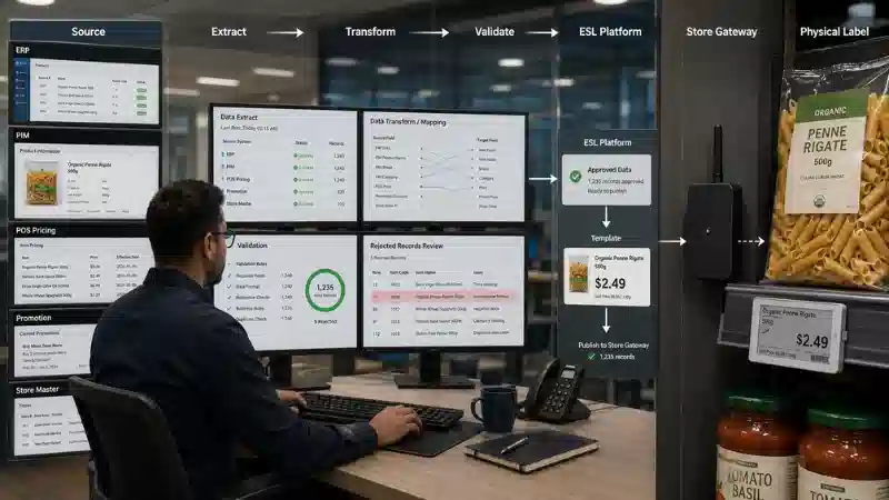 Source-to-label data lineage from retail systems through validation and the ESL platform to a physical shelf label