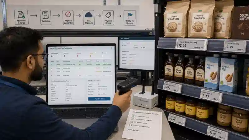 ESL integration testing with approved records, quarantined data errors, physical label verification, and cutover approval