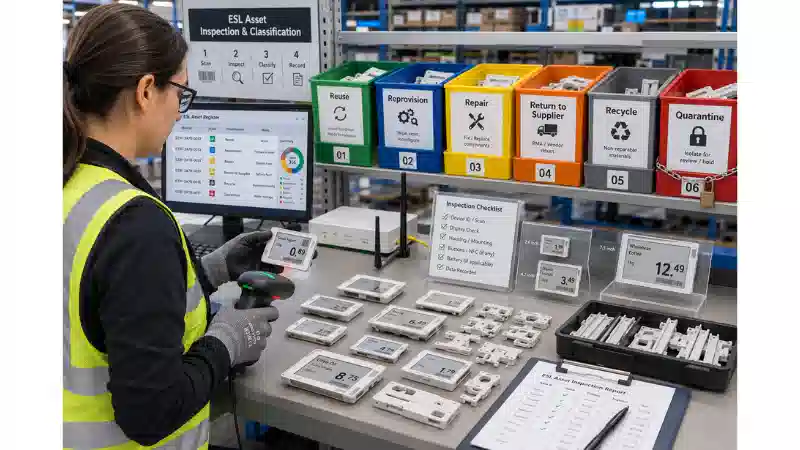 Electronic shelf labels classified for reuse, reprovisioning, repair, supplier return, recycling, or quarantine Electronic shelf labels classified for reuse, reprovisioning, repair, supplier return, recycling, or quarantine