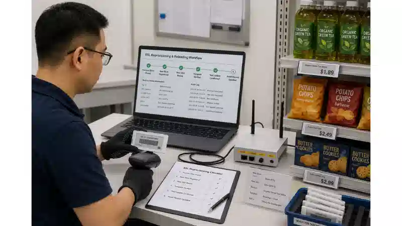 Technician testing and rebinding a reusable electronic shelf label to a new store, SKU, and display template Technician testing and rebinding a reusable electronic shelf label to a new store, SKU, and display template