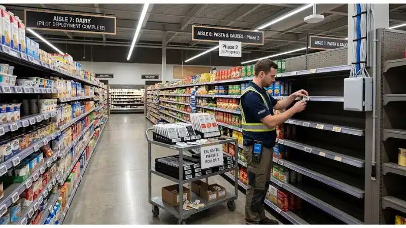 Electronic shelf labels illustrating pilot-to-scale deployment planning Electronic shelf labels illustrating pilot-to-scale deployment planning