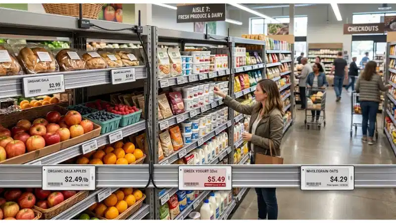 Electronic shelf labels illustrating grocery-store ESL deployment and price accuracy