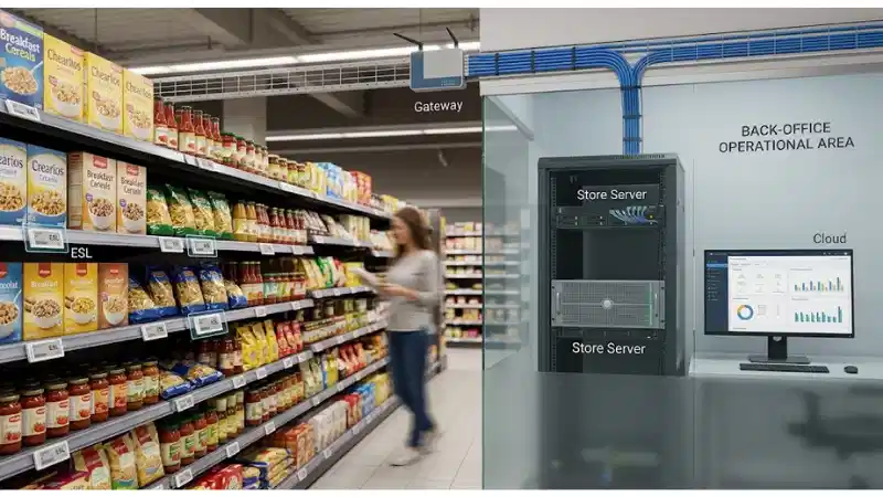 Electronic shelf labels illustrating ESL system components and data flow