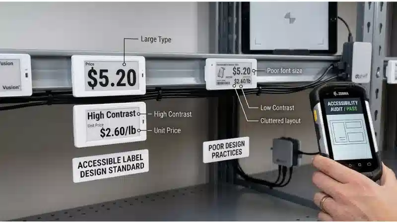 Electronic shelf labels illustrating font size, contrast and accessible label design
