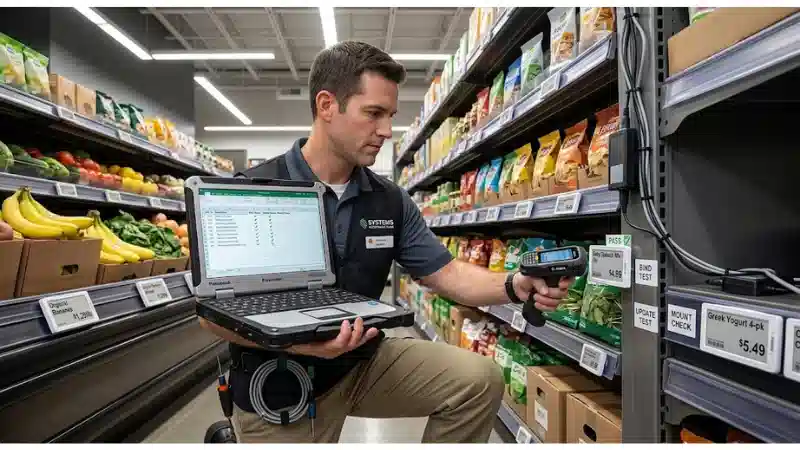 Electronic shelf labels illustrating site acceptance test items before go-live Electronic shelf labels illustrating site acceptance test items before go-live