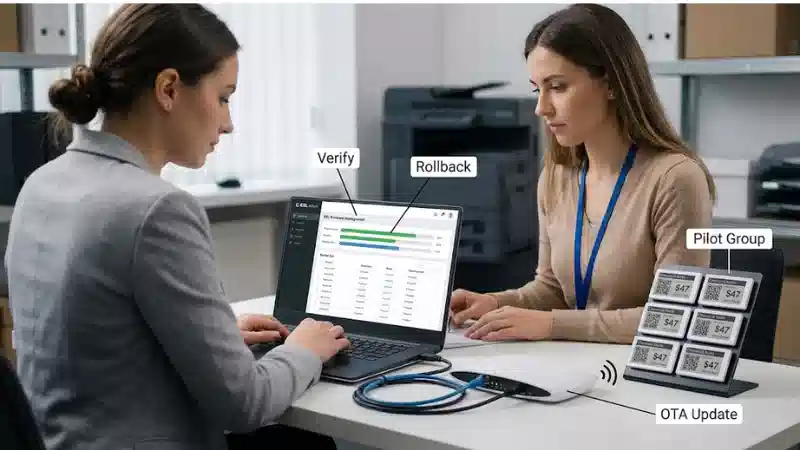 Electronic shelf labels illustrating multi-color ESL use cases and visual hierarchy