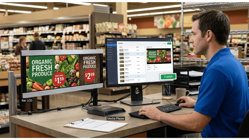 Commercial LCD display illustrating CMS-to-player-to-display publishing workflow Commercial LCD display illustrating CMS-to-player-to-display publishing workflow