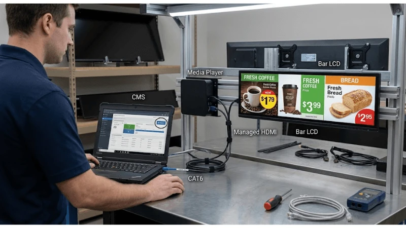 Technical commercial LCD setup for CMS-to-player-to-display publishing workflow