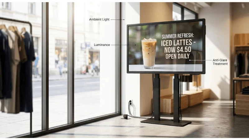 Commercial LCD display illustrating brightness, glare and reflection control