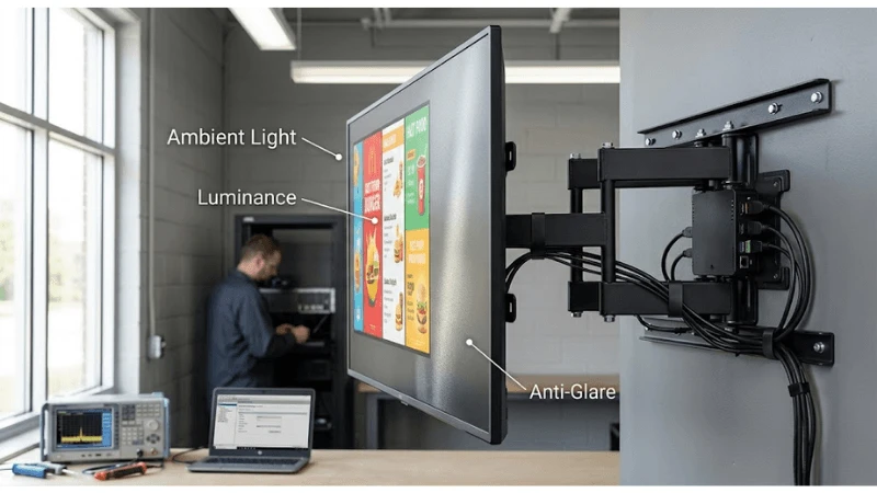 Technical commercial LCD setup for brightness, glare and reflection control Technical commercial LCD setup for brightness, glare and reflection control