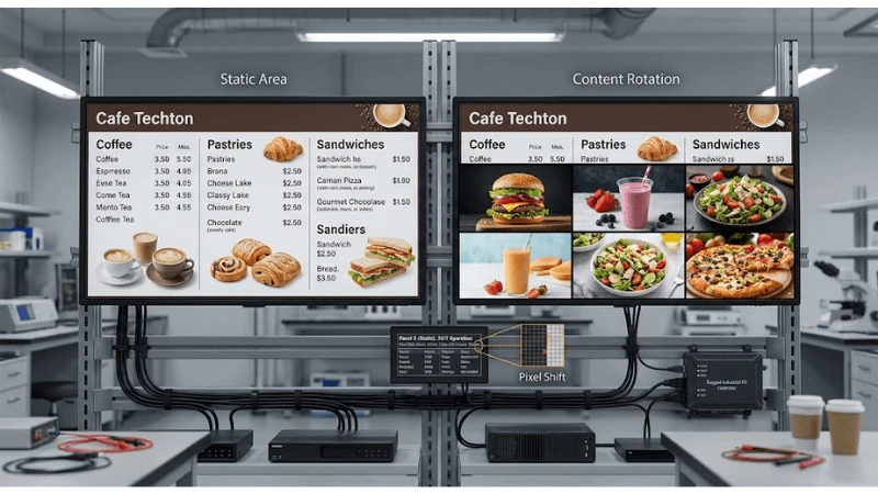 Commercial LCD display illustrating image-retention prevention practices