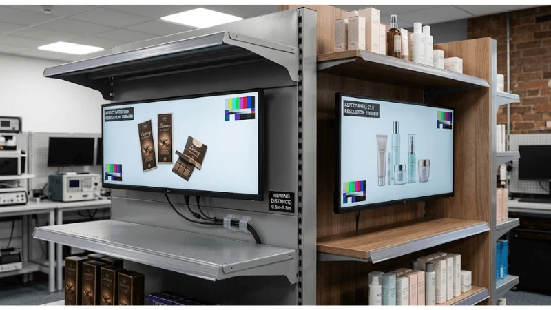 Commercial LCD display illustrating aspect-ratio and resolution selection