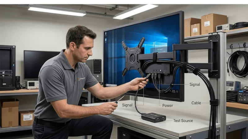 Technical commercial LCD setup for flicker, line and no-signal troubleshooting
