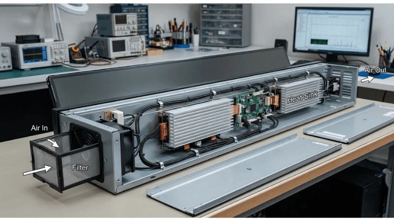 Technical commercial LCD setup for thermal path, airflow and dust management