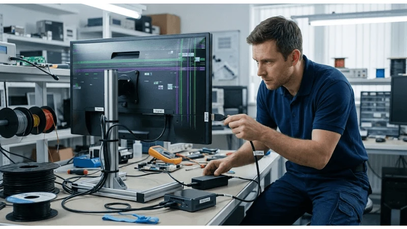 Technical commercial LCD setup for flicker, line and no-signal troubleshooting 生成提示词: Technical commercial LCD setup for flicker, line and no-signal troubleshooting 生成提示词: