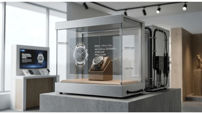 Technical transparent LCD setup for balancing digital content with product visibility Technical transparent LCD setup for balancing digital content with product visibility
