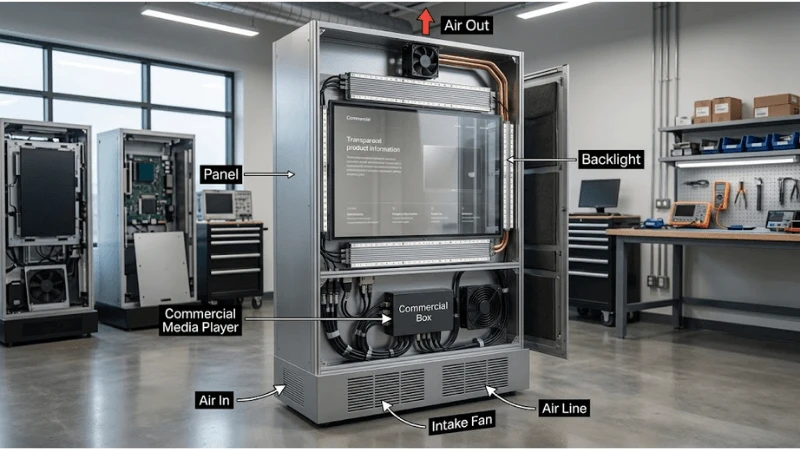Technical transparent LCD setup for cabinet thermal protection
