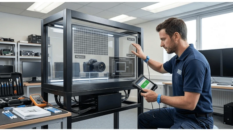 Technical transparent LCD setup for enclosure depth and viewing geometry