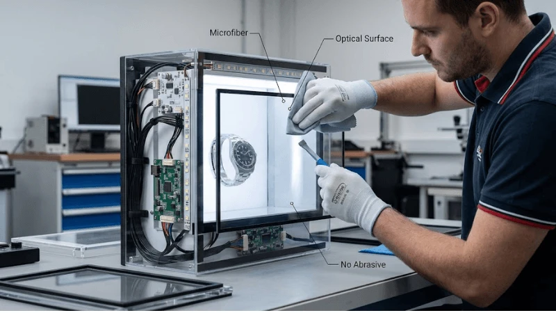 Technical transparent LCD setup for shipping, handling and installation protection