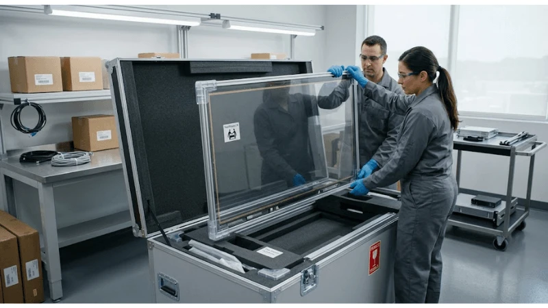Transparent LCD showcase illustrating showcase security and controlled access Transparent LCD showcase illustrating showcase security and controlled access