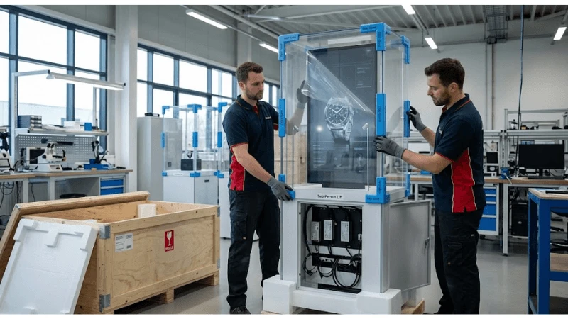 Technical transparent LCD setup for showcase security and controlled access
