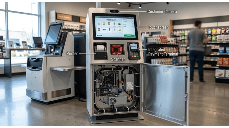 Technical self-service kiosk setup for kiosk thermal design and heat paths