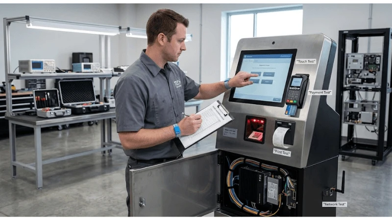 Self-service kiosk illustrating accessible hardware layout and reach range Self-service kiosk illustrating accessible hardware layout and reach range