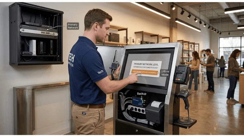 Self-service kiosk illustrating printer paper path and service access Self-service kiosk illustrating printer paper path and service access