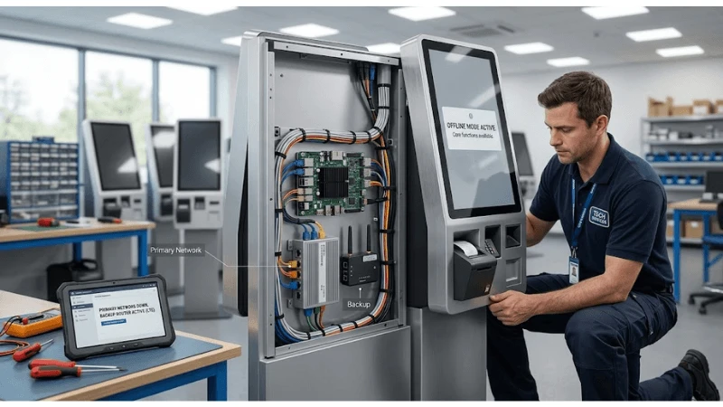 Technical self-service kiosk setup for printer paper path and service access Technical self-service kiosk setup for printer paper path and service access