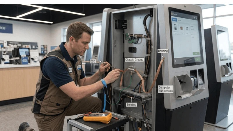 Self-service kiosk illustrating service-door tamper detection