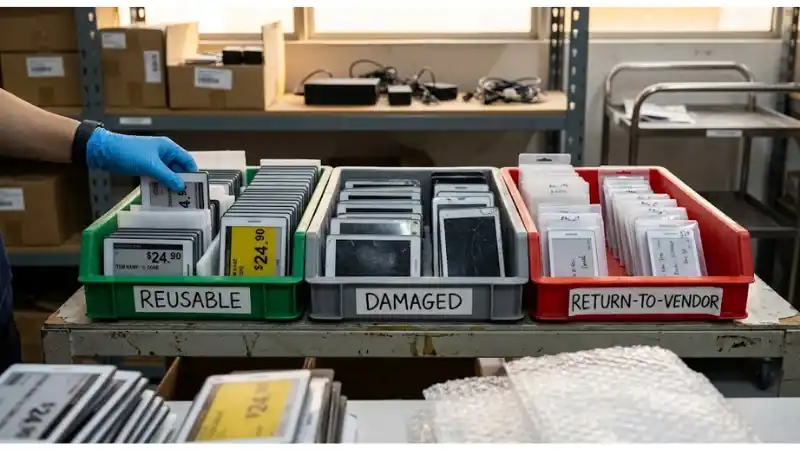 Technical detail for electronic shelf label decommissioning showing the installed hardware and service interfaces Technical detail for electronic shelf label decommissioning showing the installed hardware and service interfaces