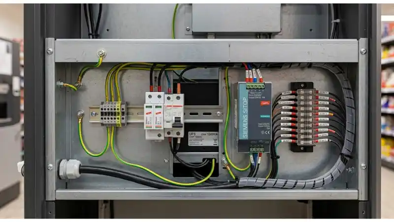 Technical detail for kiosk power protection showing the installed hardware and service interfaces Technical detail for kiosk power protection showing the installed hardware and service interfaces