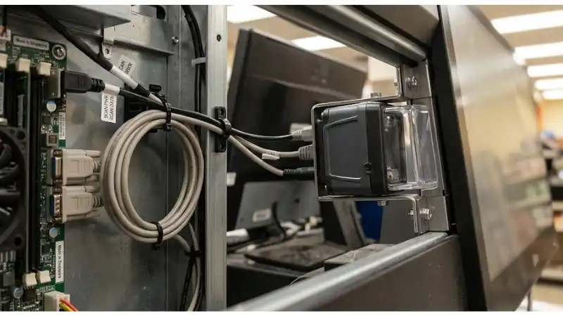 Technical detail for kiosk barcode scanner integration showing the installed hardware and service interfaces Technical detail for kiosk barcode scanner integration showing the installed hardware and service interfaces