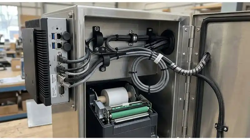 Technical detail for kiosk cable harness design showing the installed hardware and service interfaces Technical detail for kiosk cable harness design showing the installed hardware and service interfaces