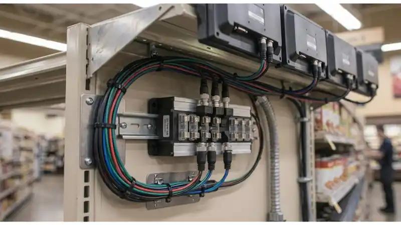 Technical detail for kiosk maintenance access showing the installed hardware and service interfaces