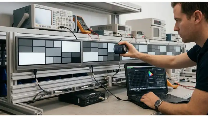 Acceptance testing for commercial LCD automatic brightness control in a professional engineering workflow