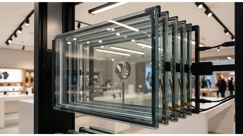 Technical detail for transparent LCD reflection control showing the installed hardware and service interfaces Technical detail for transparent LCD reflection control showing the installed hardware and service interfaces