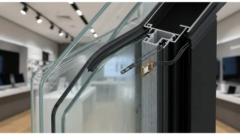 Technical detail for transparent LCD condensation showing the installed hardware and service interfaces Technical detail for transparent LCD condensation showing the installed hardware and service interfaces
