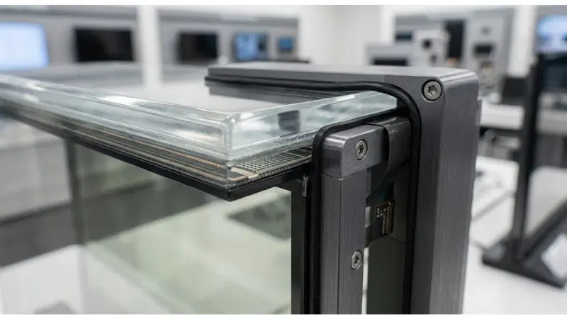 Technical detail for transparent LCD protective glass showing the installed hardware and service interfaces Technical detail for transparent LCD protective glass showing the installed hardware and service interfaces
