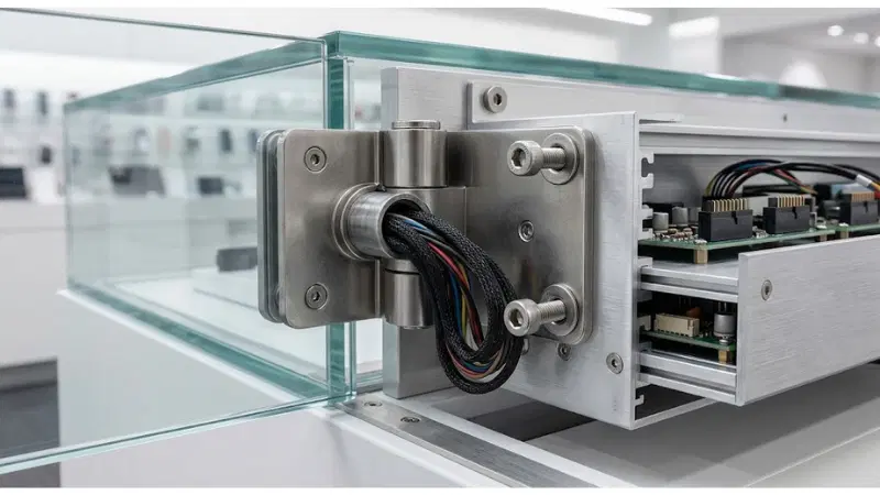 Technical detail for transparent LCD service access showing the installed hardware and service interfaces