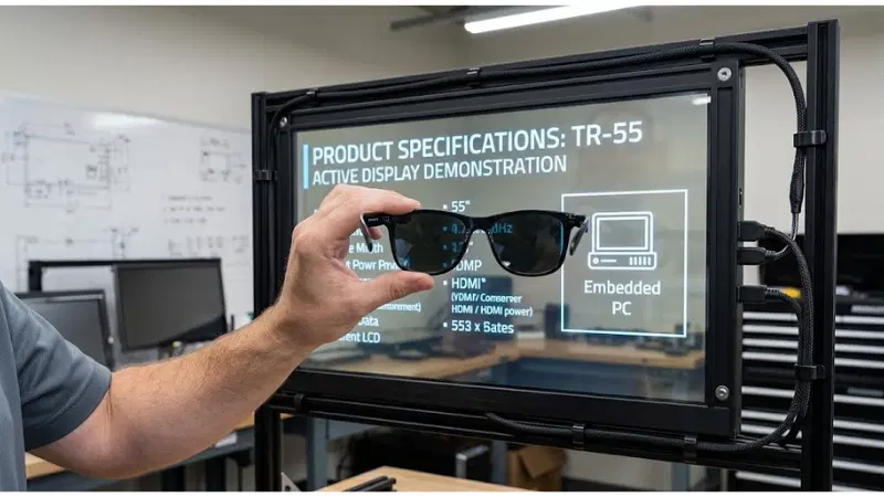 Technical detail for transparent LCD polarized sunglasses showing the installed hardware and service interfaces