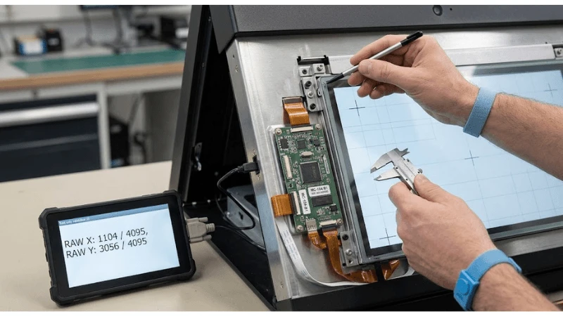  Technical detail showing sensor-to-panel mechanical registration and touch-controller coordinate range
