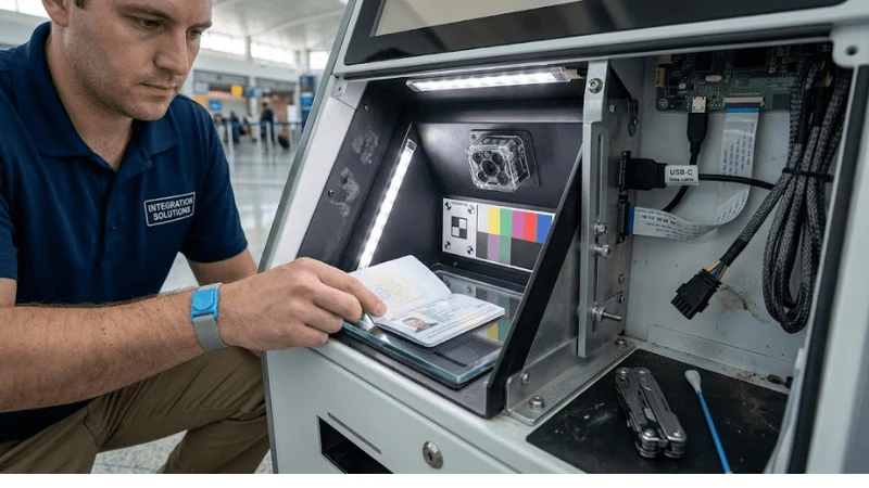 Technical detail showing supported document envelope and placement and camera or scanner field of view
