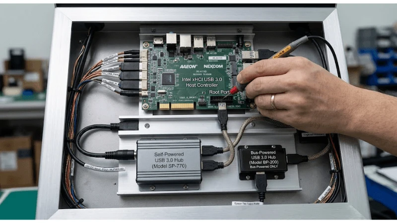 Technical detail showing host-controller and root-port allocation and self-powered versus bus-powered hub choice Technical detail showing host-controller and root-port allocation and self-powered versus bus-powered hub choice