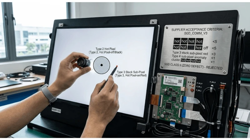 Technical detail showing exact panel and display assembly under review and defect categories used by the supplier