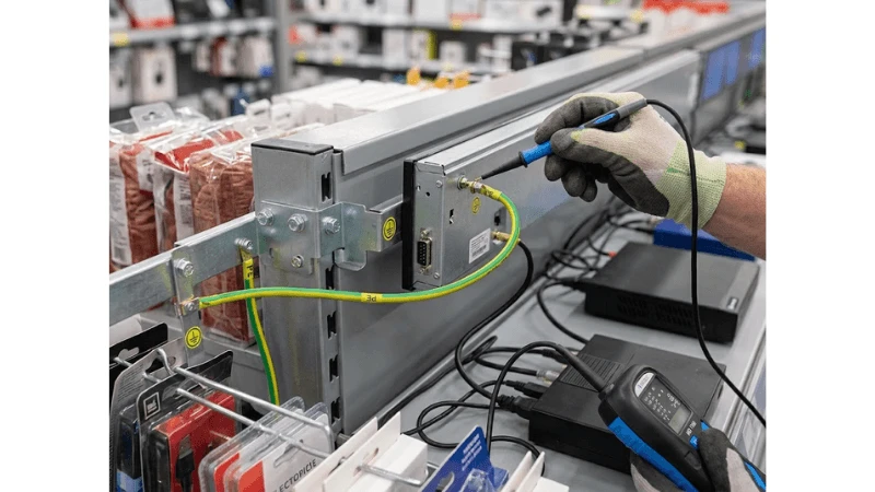 Technical detail showing chassis and bracket electrical continuity and protective-earth strategy where required by the product design