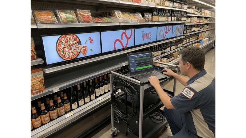 bar LCD content synchronization in a production-equivalent retail installation